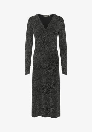 Fekete, hosszú ujjú ruha V-nyakkal, amely textúrázott mintával és fémes szálakkal rendelkezik, csillogó megjelenésért, térd hosszúságú.