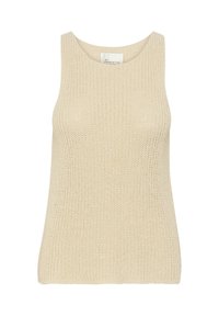 Ljust beige stickad linne med vid halsringning och ärmlös design. Har en texturerad yta och rak skärning vid midjan.