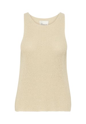 Helle beige gestrickte Tanktop mit weitem Ausschnitt und ärmellosem Design. Es hat eine strukturierte Oberfläche und einen geraden Schnitt in der Taille.
