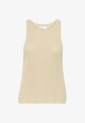 Svetlo bež pleteni top s širokim izrezom in brezrokavnim dizajnom. Ima teksturiran zaključek in ravno krojen pas.