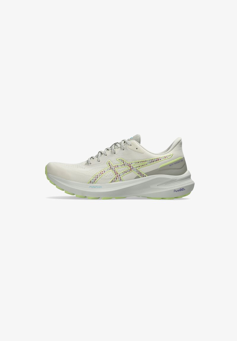 Light gray running shoe with a textured upper, multicolored accents, and a cushioned sole featuring FlyteFoam and PureGEL technologies.