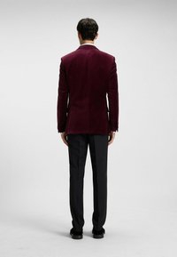 Bordeauxfarbener Samtblazer mit Reverskragen, kombiniert mit schwarzen Hosen. Glatte Textur und schmale Silhouette, die maßgeschneiderte Details präsentiert.