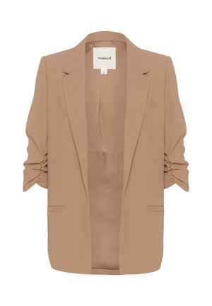 Béžový blazer se strukturovanými ramenními vycpávkami a nařasenými rukávy, s klopovým límcem a dvěma předními kapsami. Hladká, texturovaná látka.