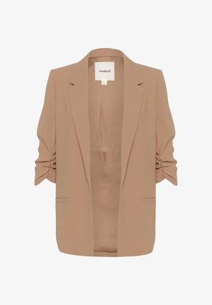 Béžový blazer s vystrihnutými ramennými časťami a riasenými rukávmi, s klopovým golierom a dvoma prednými vreckami. Hladká, textúrovaná tkanina.