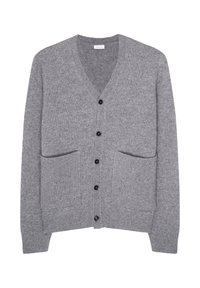 Szary wełniany kardigan z dekoltem w serek, zapinany na guziki, z dwoma przednimi kieszeniami i ściągaczami na mankietach. Miękka faktura, standardowe dopasowanie.