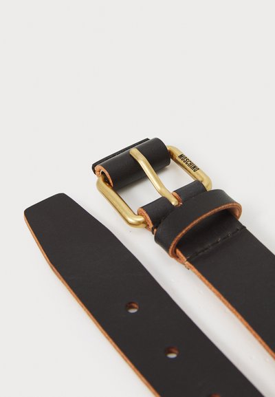 Black leather belt with a gold-tone metal buckle, featuring a simple design and contrasting light brown stitching along the edges.