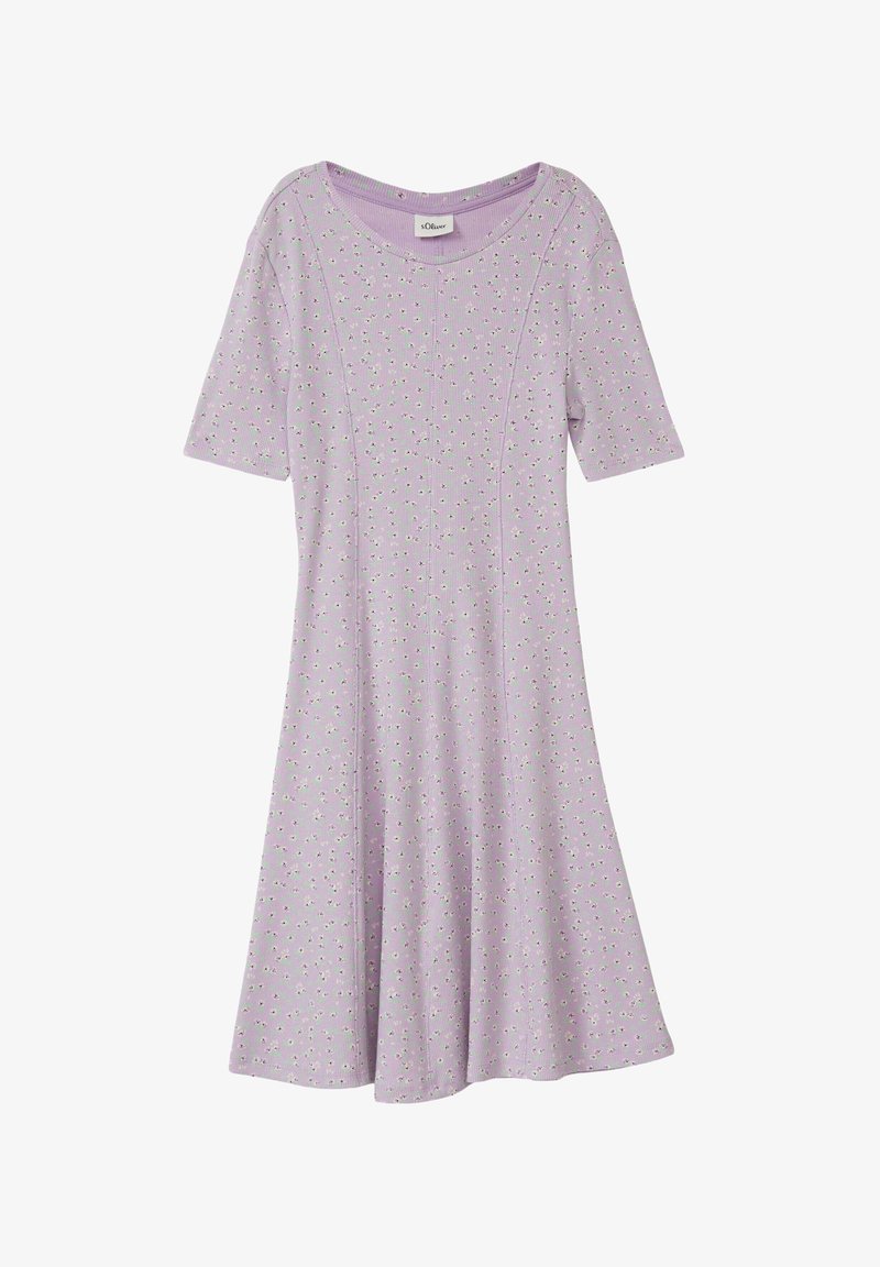 Robe courte à manches courtes lilas avec imprimé floral blanc délicat, encolure ronde et jupe légèrement évasée.