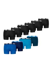 Packung mit mehreren Boxershorts in verschiedenen Farben: vier schwarze, zwei blaue, eine türkisfarbene und eine dunkelblaue. Alle mit elastischen, gebrandeten Bundbändern.