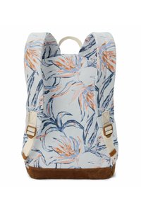 Backpack with a light blue, floral pattern featuring orange and navy hues, tan suede bottom, fabric straps, and a central handle.