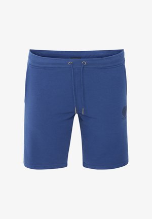 Pantalones cortos de sudadera azules hechos de tela suave, con una cintura elástica con cordón y un pequeño logo estampado en el lateral.