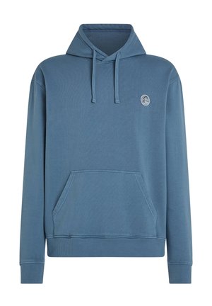 Sweat à capuche bleu atténué. Fabriqué en mélange de coton, avec une poche kangourou à l'avant et des poignets et un ourlet côtelés. Petit logo sur la poitrine.