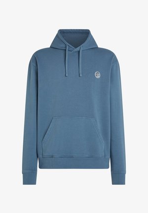 Hoodie in gedempt blauw. Gemaakt van een katoenmix, met een voorste kangoeroezak en ribgebreide manchetten en onderrand. Klein logo op de borst.