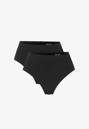 Two pairs of seamless black high-waist briefs made from smooth fabric, arranged overlapping on a white background.