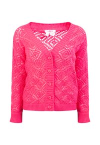 Rosa stickad cardigan med ett texturerat, öppet mönster, V-ringning och framknäppning med fem knappar. Långa ärmar med ribbade mudd.