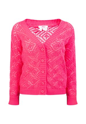 Rosa gestrickte Strickjacke mit einem strukturierten, transparenten Muster, V-Ausschnitt und einer Frontverschluss mit fünf Knöpfen. Lange Ärmel mit gerippten Bündchen.