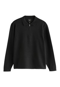 Sort langærmet pullover med krave og halv lynlås. Fremstillet af et glat stof med en afslappet pasform. Enkel design, ingen mønstre eller detaljer.