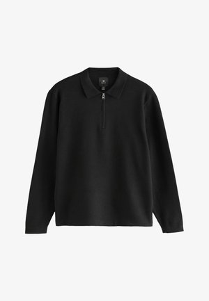Maglione nero a maniche lunghe con colletto e zip a metà. Realizzato in un tessuto liscio con una vestibilità comoda. Design semplice, senza motivi o dettagli.