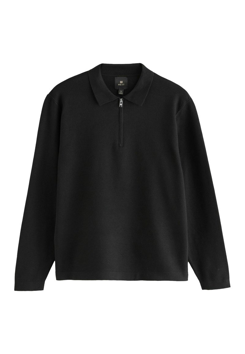 Sort langærmet pullover med krave og halv lynlås. Fremstillet af et glat stof med en afslappet pasform. Enkel design, ingen mønstre eller detaljer.