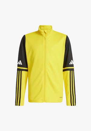 Gelbe Zip-Jacke mit schwarzen Ärmeln und drei schwarzen Streifen an jedem Arm. Verfügt über einen hohen Kragen und einen glatten, leichten Stoff.
