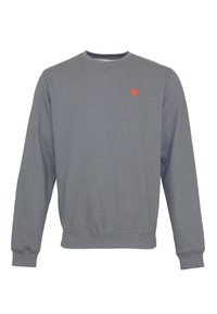 Felpa grigia a maniche lunghe con colletto a girocollo e un piccolo logo del giocatore di polo ricamato in rosso sul lato sinistro del petto.