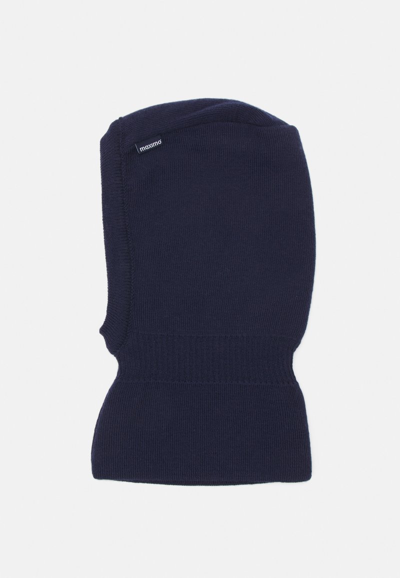 Balaclava in maglina blu navy realizzata in materiale a coste, dotata di una vestibilità aderente attorno al viso e di un bordo inferiore più ampio per una maggiore copertura.