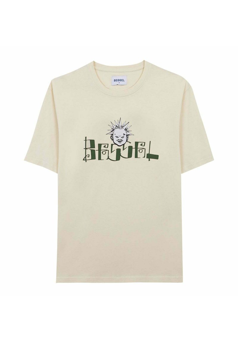 Camiseta de algodón color crema con un gráfico de una cara estilizada con cabello puntiagudo y texto verde que dice "BEDEL" debajo. Mangas cortas.