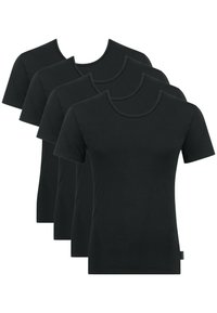 Black cotton T-shirts, short sleeves, rounded neckline, four pack. Smooth texture with no visible patterns or accents.