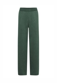 Grüne weit geschnittene Hose aus weichem, strukturiertem Material, mit elastischem Bund und geradem, fließendem Schnitt. Keine Taschen oder Verzierungen.