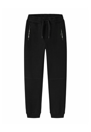 Pantalon de survêtement noir avec taille élastique, cordon, chevilles resserrées et deux poches avant zippées avec le texte "URBAN FUTURE" sur les tirettes des fermetures éclair.