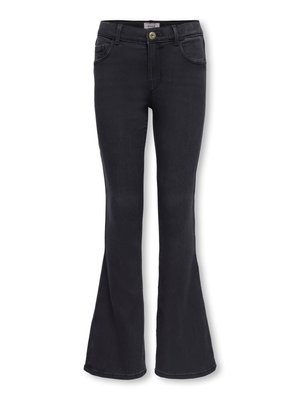 Black flared jeans made of denim, featuring a fitted waist, front pockets, and a button closure, with a smooth texture throughout.