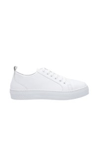 Weiße Leder-Sneaker mit runder Zehenform, strukturiertem Gummi-Laufsohle, schnürbarem Vorderteil und einer kleinen Schlaufe an der Ferse für ein einfaches Anziehen.