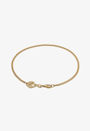 Kuldne käevõru, millel on keerdpinna disain, lukuga sulgemine ja medaljoni detail embosseeritud mustriga.