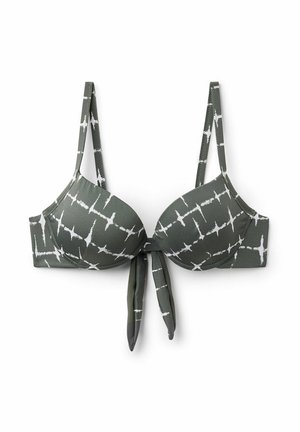 Grüner Bikini-Oberteil mit einem weißen abstrakten Muster, weicher Polsterung, verstellbaren Trägern und einem Frontknotenverschluss. Sanfte Stofftextur.