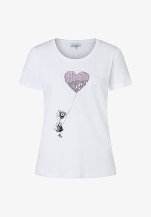 Weißes kurzärmliges T-Shirt aus Baumwolle, mit einer schwarzen Illustration eines Mädchens, das einen lila, mit Pailletten besetzten Herzluftballon hält. Runder Halsausschnitt.