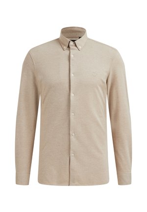 Beige long-sleeve button-down shirt, made of soft fabric. Features a standard collar, white buttons, and a small embroidered logo on the chest.