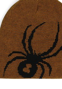 Gorro de punto negro y naranja con un gráfico de araña. El patrón presenta una textura en zigzag y una parte superior redondeada.