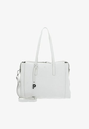 Sac fourre-tout en cuir blanc avec deux anses supérieures et une bandoulière amovible. Il présente une fermeture éclair, des accents matériels subtils et une texture lisse.