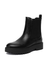 Melna ādas potīšu zābaki ar elastīgām sānu daļām, noapaļota purngala, bieza melna gumijas zole un cilpiņa aizmugurē. Glīts dizains.