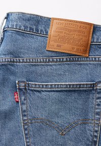 Jeans en denim bleu clair avec une patch en cuir marron comportant un texte en relief. Étiquette rouge sur la poche arrière. Design classique à cinq poches.