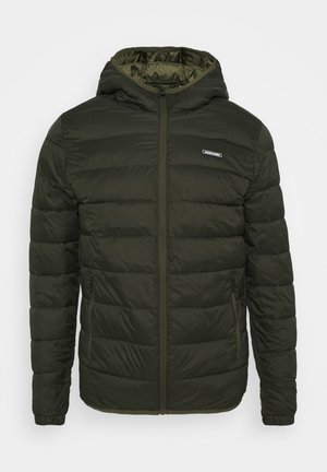 Padded jacket in olive green with a zip front, hood, and side pockets. Features horizontal stitching and smooth glossy texture.