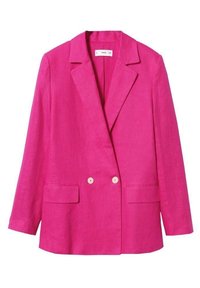 Veste blazer rose vif à double boutonnage avec revers crantés, deux poches à rabat à l'avant et deux boutons blancs sur le devant.