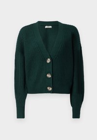 Ciemnozielony sweter z dzianiny z dekoltem w kształcie litery V, długimi rękawami i czterema dużymi guzikami w kontrastowym jasnym kolorze z przodu.