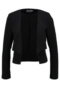 Černý zkrácený blazer s otevřeným předním dílem, dlouhými rukávy a hladkou texturou. Jednoduchý design, žádné knoflíky ani zapínání; minimalistický styl.
