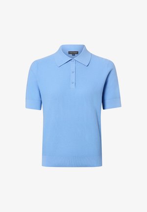 Lichtblauw poloshirt met korte mouwen, drie knopen en een platte kraag, gemaakt van een gestructureerde stof.