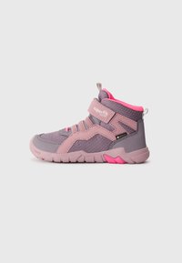 High-top athletic shoes in gray and pink. Features a textured upper, elastic laces, velcro strap, and a rubber sole with traction patterns.
