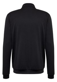 Schwarzes Langarm-Polohemd mit Kragen, aus glattem Stoff gefertigt. Verfügt über Bündchen und einen gesäumten Saum. Einfaches Design, ohne Muster oder Akzente.