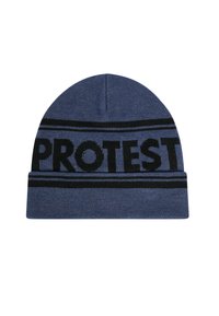 Brede gebreide muts in donkerblauw met zwarte horizontale strepen en "PROTEST"-opdruk. Zachte textuur met een omgeslagen rand.
