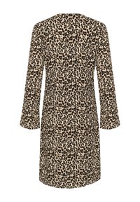 Leopardenmuster-Kleid in Beige und Schwarz, mit langen Ärmeln, rundem Ausschnitt und lockerer Passform. Weicher Stoff mit strukturiertem Muster.
