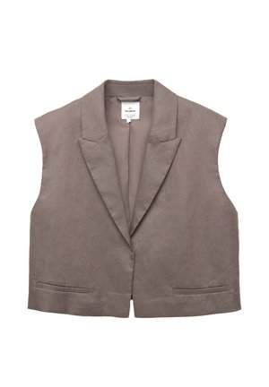 Ärmelloses taupefarbendes Blazer-Westen mit Reverskragen, zwei vorderen Taschen und einem Ziehlabel im Kragen.