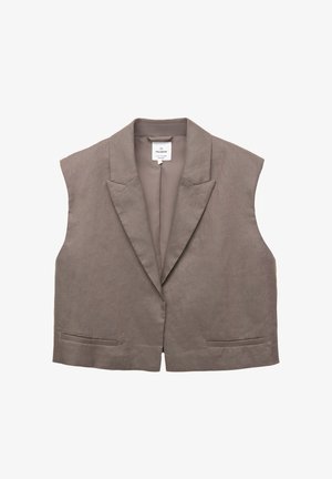 Bezrukava taupe sako prsluk s rever ovratnikom, dva prednja džepa i oznakom na povlačenje unutar izreza.